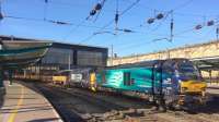 DRS 68002 'Intrepid' leads a permanent way train through Carlisle on the 30th of September 2015<br><br>[Kevin McCartney 30/09/2015]