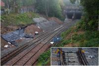 The junction for the new connection to the main line at Anniesland has now been installed just west of the tunnel under the Forth and Clyde Canal. As the connection with the main line is still incomplete, the new points are clamped (inset) for the route to Anniesland platform 3. <br><br>[Colin McDonald 01/10/2015]