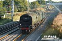 Bullied Battle of Britain pacific no.34067 Tangmere heads north over Balshaw Lane Jct whilst working back to Carnforth with support coach from Southall on 30 September 2015. <br><br>[John McIntyre 30/09/2015]