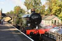 6990 'Witherslack Hall' arrives at Rothley. Earlier in the day, it was judged a failure due to a hotbox on the rear driving axle, but appear it did.<br><br>[Peter Todd 02/10/2015]