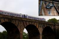A Glasgow Queen Street - Alloa service passes over the Castlecary Viaduct on the morning of 8th October 2015. Inset can be seen an example of the work recently undertaken on the structure to prepare for fitting of the OHLE masts as part of the EGIP electrification. <br><br>[Colin McDonald 08/10/2015]