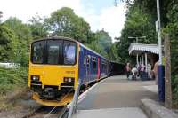 FGW Sprinter 150131 is about to leave Calstock for Gunnislake after dropping off a party of ramblers. The tightly curved platform just accommodated the two coach train, which could be heard climbing the gradient to the branch terminus for a long time after it left this quiet village. <br><br>[Mark Bartlett 29/07/2015]