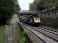 Sydney Gardens were laid out in 1795 by the architect Harcourt Masters; they are the oldest park in Bath. A canal and a railway line are of particular interest to transport enthusiasts. This down HST is heading for Bath Spa on recently lowered track {see news item of 1st October}.<br><br>[Ken Strachan 10/10/2015]