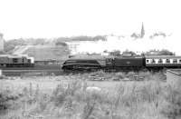 Preserved A4 Pacific 60009 <I>Union of South Africa</I> with a railtour westbound between Haymarket station and Haymarket MPD. The train is about to pass a class 40 on its way from 64B to Waverley. The date is thought to be 1 September 1979, with the special heading for Aberdeen. [Ref query 2919]<br><br>[John Furnevel 01/09/1979]