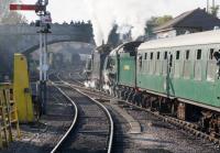 An open day at the Swanage Railway sees N Class 2-6-0 31806 and King Arthur 4-6-0 777 <I>Sir Lamiel</I> departing from the branch terminus with the 15.15 service.<br><br>[Bruce McCartney 15/10/2015]