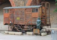 <I>Preserved</I> Spanish fruit wagon standing on a short length of mixed gauge track underneath the viaduct at Cerbere. Unfortunately, despite being accompanied by a statue of an orange seller and two information plaques the wagon itself is in a seriously deteriorating condition and in need of a bit of tlc.<br><br>[Mark Bartlett 22/09/2015]