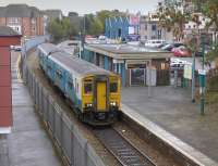 Once a through station, Penarth is now the terminus of a short (1m 12ch) branch from Cogan Junction. 150259 is forming the 1502 to Cardiff and Rhymney on 21st October 2015. Prior to 1968 the line continued beyond the buffer stops to form a second route to Barry.<br><br>[Bill Roberton 21/10/2015]