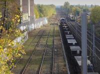 DBS 66176 arrives in Motherwell Up Goods Loop with steel slabs from Tees New Yard on 26 October.  It will then veer left into Dalzell Works.<br><br>[Bill Roberton 26/10/2015]