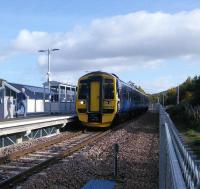 The Southern Upland Way shares its route between Tweedbank and Gala with the railway, including the viaduct over the Tweed, a little to the west of here. A 158 is about to return to Edinburgh on 20/10/2015.<br><br>[David Panton 20/10/2015]