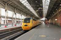 Crew change for the Network Rail <I>Flying Banana</I> at an otherwise very quiet Preston station. The HST Measurement Train, powered by 43062 and 43013, was on its scheduled run from Derby to Ayr on 13th October 2015.<br><br>[Mark Bartlett 13/10/2015]