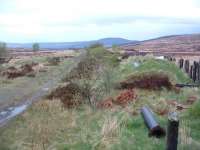 The site of the signalbox at Loch Skerrow viewed from the end of the remaining platform looking east. Note the felled water column.<br><br>[Ewan Crawford 21/05/2003]