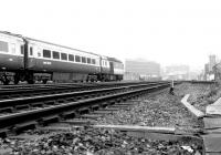 A BR InterCity 125 slowing for the Haymarket stop on 19 April 1982 about to pass Haymarket East Junction. The train is a mid-morning Aberdeen - Kings Cross working.<br><br>[John Furnevel 19/04/1982]