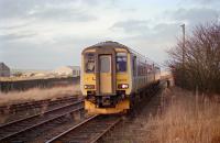 Despite the somewhat premature destination shown, this is an arrival at Wick in 1994. The junction for Lybster was just beyond this point at the end of the platform by the throat of the station.<br><br>[Ewan Crawford 30/12/1994]