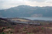 A northbound Sprinter crossing the viaduct high above Finnart in 1991 with Loch Long in the background.<br><br>[Ewan Crawford //1991]