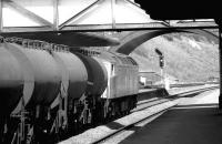 A class 47 restarts a northbound tank train at Rotherham Masborough station in May 1981 following a stop for a crew change. [See image 29803]<br><br>[John Furnevel 04/05/1981]