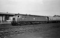 47500 waits to depart from Weymouth with an 8 coach train in May 1977. The former D1943 was later named <I>Great Western</I> and had a long and varied career before it derailed and caught fire in Salford in 2013. It now (2015) languishes in store at Carnforth. [See image 43485]<br><br>[John McIntyre //1977]