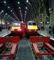 Vorsprung durch Rotlack ('Progress through red paint'). There's something rather Teutonic about this view of an HST and a DVT on the blocks at the Cross on 30 September [see image 52945].<br><br>[Ken Strachan 30/09/2015]