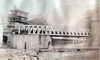 Bowling Swing Bridge with its impressive signal box on a gantry viewed from the south side. This looks like a construction recording photograph of 1896 or thereabouts (note the group standing on the bridge to the left). Also note - the bridge is swung open! Closing the canal to traffic to allow the construction of the bridge would not be difficult for the Caledonian who owned both the canal and the railway under construction. This photograph has been passed down through a family. The bridge still exists, albeit out of use and closed permanently. The gantry and box have been removed. [See image 35889]<br><br>[Jean Simone //]