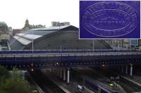 The 1877 bridge which carries Cathedral Street over Queen Street station was recently refurbished and strengthened. The bridge also supports part of the trainshed roof and so is included in the 'A' listing of the trainshed. (Manufacturer's plate inset).<br><br>[Colin McDonald 21/11/2015]