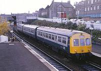 Metropolitan-Cammell Class 101 DMU 101302 heading north to Kirkcaldy passing through Inverkeithing in 1982. The last Met-Cam sets were not finally withdrawn from the main line until 2003.<br><br>[Peter Todd 28/10/1982]