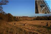 From a distance the Almond Viaduct appears unaffected so far (24th November 2015) by the EGIP electrification work; however closer inspection (inset) reveals preparatory work similar to that on the Castlecary Viaduct. [See image 52829]<br><br>[Colin McDonald 24/11/2015]