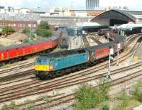 XP64-liveried D1733/47853 <i>Rail Express</I> takes a Virgin Cross Country service out of Bristol Temple Meads in the summer of 2002. [See image 25781] <br><br>[Ian Dinmore 02/08/2002]