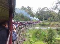 NA Class 2.6.2T No 12A crossing the Monbulk Creek Trestle Bridge near Belgrave in Australia. As can be seen, passengers are allowed to ride with arms and legs outside the carriage window bars.<br><br>[John Robin 07/11/2015]