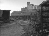 Looking south from Smeaton Road, Kirkcaldy in November 1993. The end of a siding off the main line at Sinclairtown, just to the south, it formerly crossed the road to serve Dunnikier Colliery. Nairn's linoleum factory dominates the scene.<br><br>[Bill Roberton /11/1993]