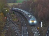 A Cowdenbeath - Haymarket shuttle service, with a 68 at each end, nearing Inverkeithing Central Junction. 158s on a Inverkeithing - Edinburgh shuttle wait in the loop to the left.<br><br>[Bill Roberton 07/12/2015]