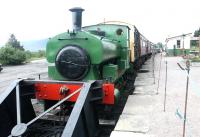 Andrew Barclay 0-4-0ST no. 2 <I>Balmenach</I> (2020/1936) at Boat of Garten on the Strathspey Railway in May 2002. View is south along the island platform with the main station over to the right. [Ref query 3361]<br><br>[John Furnevel 14/05/2002]