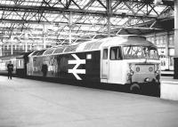 An Edinburgh - Glasgow class 47 powered push-pull service at Waverley in April 1984, with 47711 <I>Greyfriars Bobby</I> providing the power. This was the 'conventional' arrangement, with the locomotive at the Edinburgh end, although there were occasional 'exceptions to the rule' [see image 53519].<br><br>[John Furnevel 05/04/1984]