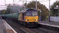 Class 60 No 60056 on its first visit to Scotland as a Colas loco working 6N47 Prestwick Airport to Grangemouth empty aviation fuel tanks throuigh Coatbridge Central.<br><br>[Ken Browne 29/09/2015]