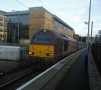 67 008 at the Fife end of a push-pull service using Platform 0 at Haymarket. This is one of the extra services put on to take increased traffic while the Forth Road Bridge is closed, though this train was conspicuously unbusy. Platform 0 has no regular services; it only comes into life when something has 'gone wrong'.<br><br>[David Panton 22/12/2015]