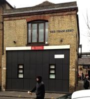 Quite small as tram sheds go. [See image 41164] for a view of the stables in the background. The blocked-up door and mezzanine floor are interesting aspects of the conversion into an architect's office.<br><br>[Ken Strachan 05/12/2015]