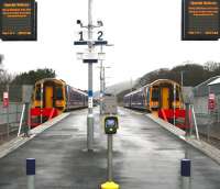 All quiet at Tweedbank on Boxing Day 2015. View north from the buffer stops with ScotRail 158s stabled over the holiday period.<br><br>[John Furnevel 26/12/2015]