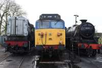 Class 08 0-6-0 D3358 (08288), Network South-East liveried EE Type 4 50027 <I>Lion</I> and LMS <I>Black 5</I> 4-6-0 45379 stand in the shed yard at Ropley on 28th December 2015.<br><br>[Peter Todd 28/12/2015]