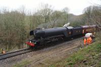 Having a bit of an identity crises at the moment, number 502/103/60103 (depending where you look) <I>Flying Scotsman</I> (but without nameplates) on it's second round trip at the East Lancashire Railway on 9 January 2016. The track gang is out with the Land Rover carrying out some packing and lineside clearance work just south of Summerseat station.<br><br>[John McIntyre 09/01/2016]