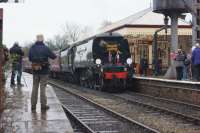 West Country Pacific no. 34092 <I>City of Wells</I>, waits with a northbound service at Ramsbottom on 9 January 2016. Running as simply <I>Wells</I> for a while it has now received it's full name again.<br><br>[John McIntyre 09/01/2016]