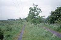 This was the original Garngaber Low Junction looking north. The trackbed to the left was an M&K built curve 'the bull's horns' which led to Garngaber High Junction on the Edinburgh and Glasgow Railway and the trackbed to the right was the original line running north to Kirkintilloch Basin. When this was the junction, the line continued south as a single track to east of Muckcroft where it doubled.<br><br>
Later the junction was moved further south and east to Muckcroft Level Crossing and the lines ran as two parallel single track railways to that point. With the opening of the connection from Bridgend Junction to Waterside the second Garngaber Low Junction's box closed and the two lines ran independently even further east to Bridgend Junction.<br><br>
This location has since been obliterated with the opening of the new A806 through Kirkintilloch.<br><br>[Ewan Crawford //1997]