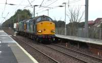 DRS 37609+37607 working the diverted 6M22 south through Barassie from Hunterston LL to Sellafield on 7 January 2016. This train normally runs via Kilwinning<br><br>[Ken Browne 07/01/2016]