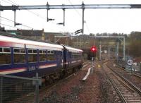 156458 on the crossover accessing the new connecting spur to the Maryhill line during route learning duties in preparation for the forthcoming Queen Street Tunnel closure.<br><br>[Colin McDonald 28/01/2016]