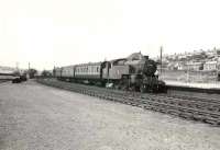 A terminating service from Dalmarnock arriving in the bay platform at Possil in the summer of 1957. Locomotive is Fairburn 2-6-4T 42208. <br><br>[G H Robin collection by courtesy of the Mitchell Library, Glasgow 22/07/1957]