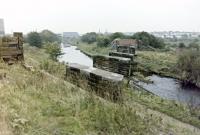 Looking east from the western abutment of the River Irvine viaduct on the Riccarton Branch between Riccarton & Craigie Station and Thirdpart Junction, 19 October, 1985, just before the demolition men moved in to start on building the A71 Riccarton bypass on the railway trackbed (new road bridge later built on  exactly the same spot).<br><br>[Robert Blane 19/10/1985]