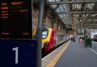 The 12:22 Virgin 'Carlisle shuttle' awaits departure from Glasgow Central during the closure of the West Coast main line north of Carlisle due to the damaged viaduct at Lamington.<br><br>[Colin McDonald 30/01/2016]