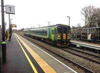 Nuneaton folk may not be 'early adopters', but five turned out to catch the 12.18 to Coventry at Bermuda Park on 23rd January. Notice that it's a 2-car train at weekends. The branch for Bermuda collieries forked left off the curve in the background. [see image 31064]<br><br>[Ken Strachan 23/01/2016]