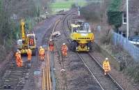 Track renewal in progress during engineering possession at Cupar on Sunday 31 January 2016. View south from the A914 road bridge with Cupar station behind the camera. [Ref query 8067]<br><br>[Andrew Wilson 31/01/2016]