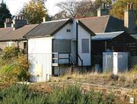 The closed signal box at Nairn West on 31 October 2005, photographed from the opposite platform.<br><br>[John Furnevel 31/10/2005]