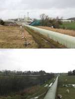 Two views of the Kirkby Thore gypsum complex, both of which show the covered conveyor that runs from the mine to the works. The upper view shows the works itself, although the loading sidings are out of picture to the right of the chimneys. The lower view shows the conveyor looking south, just after it passes under the public road. Beyond the right angled turn it runs due east passing under the Settle & Carlisle line from which it is clearly visible.<br><br>[Mark Bartlett 01/02/2016]