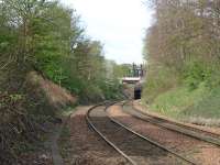 View to the west (Down) from close to the access point in Cluny Avenue, Morningside. The Down line is jointed rail while the Up line appears to be CWR. This shot clearly shows the 'top of the hill' a few metres east of OB11 Morningside Road where the tracks drop away to both east and west. I would guess that this is the highest point on the South Sub. Note the yellow 2 and a quarter milepost in the Up Cess.<br><br>[Charlie Niven 25/04/2002]