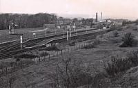 View north at Dalry in the 1970s. The station originally had quite a complicated layout with staggered platforms, loops and sidings from turnplates (see contemporary map on the <a target='external' href='http://maps.nls.uk/view/74926824'>NLS site</a>), then a more conventional two platforms, later expanded to four and is now two again. The goods yard was to the left and approach to Blair Iron works to the right. To the south was a short lived Dalry Junction station at the point of divergence of the Ayr and Kilmarnock routes.<br><br>[Ewan Crawford Collection //]